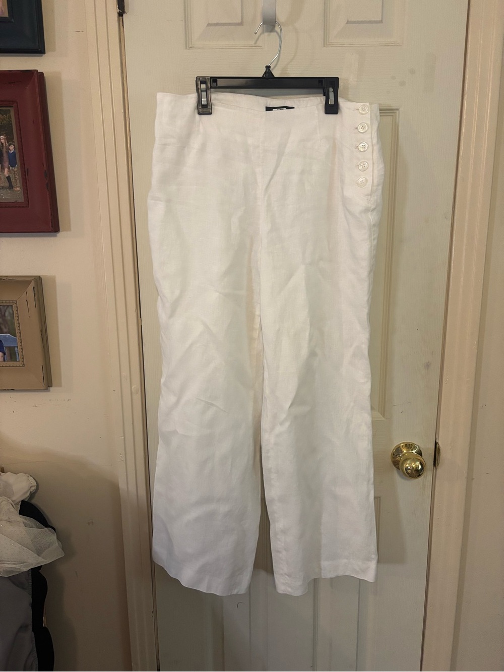 Talbots White Wide-Leg Linen-Blend Pants with Side Buttons